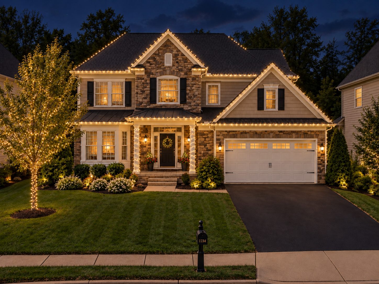 The same home at night with warm white holiday lights along every roofline, the windows, columns and front tree.